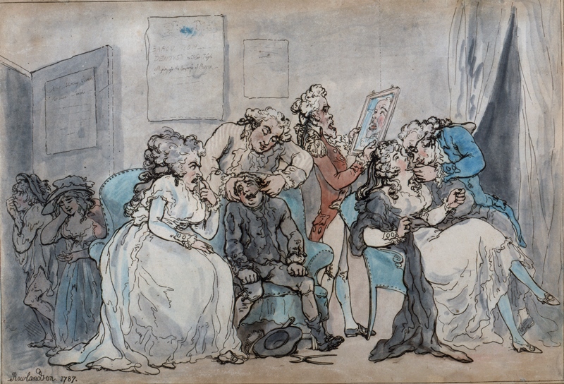 Hand coloured cartoon showing a fashionable dentist engaged in tooth transplantation, by Thomas Rowlandson, 1787